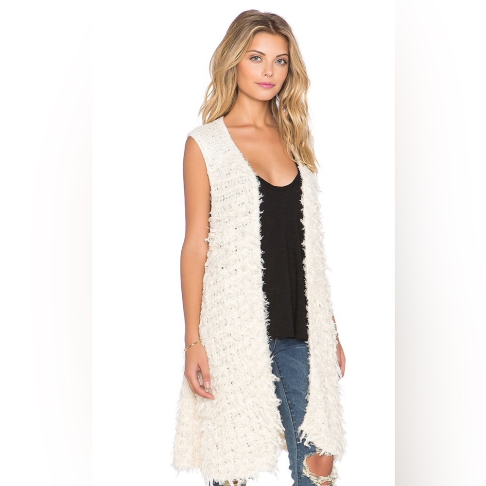 Free People Rolling Stone Cream Shag Fluffy Vest Boho Chic Size Small
